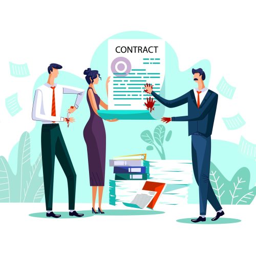 Contract conclusion business concept vector illustration. Businessmen signing contract with their blood, men stab hands with knife and leave bloody handprints on paper document
